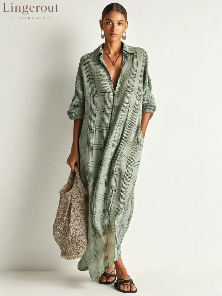 Women’s Retro Casual Plaid Print Cotton Linen Shirt Long Sleeve Midi Dress