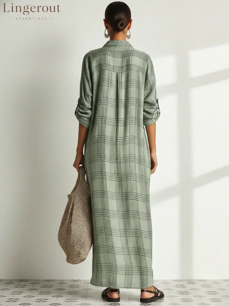 Women’s Retro Casual Plaid Print Cotton Linen Shirt Long Sleeve Midi Dress