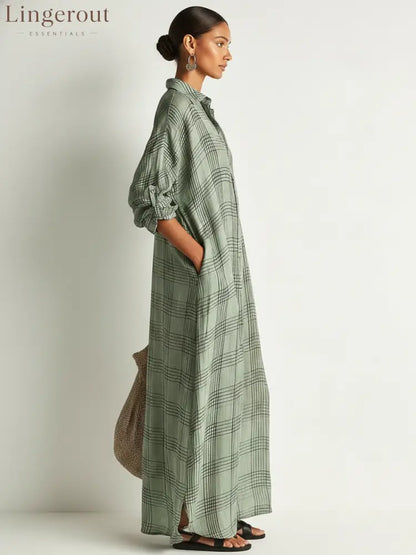 Women’s Retro Casual Plaid Print Cotton Linen Shirt Long Sleeve Midi Dress