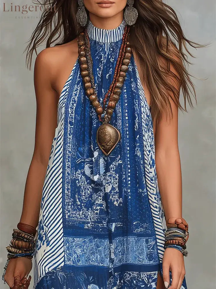 Women’s Retro Ethnic Floral Pattern Art Print Casual Fashion Cotton Maxi Dress