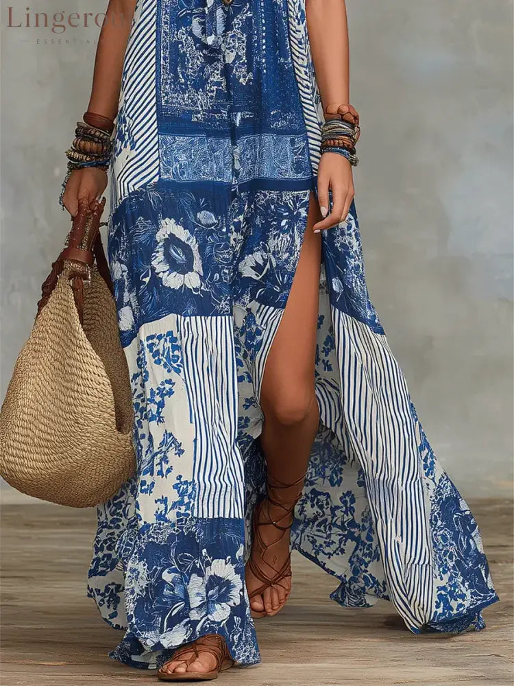 Women’s Retro Ethnic Floral Pattern Art Print Casual Fashion Cotton Maxi Dress