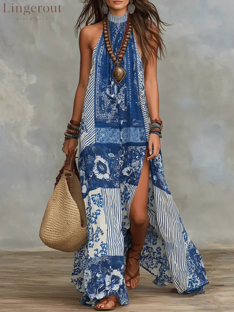 Women’s Retro Ethnic Floral Pattern Art Print Casual Fashion Cotton Maxi Dress - Blue / S