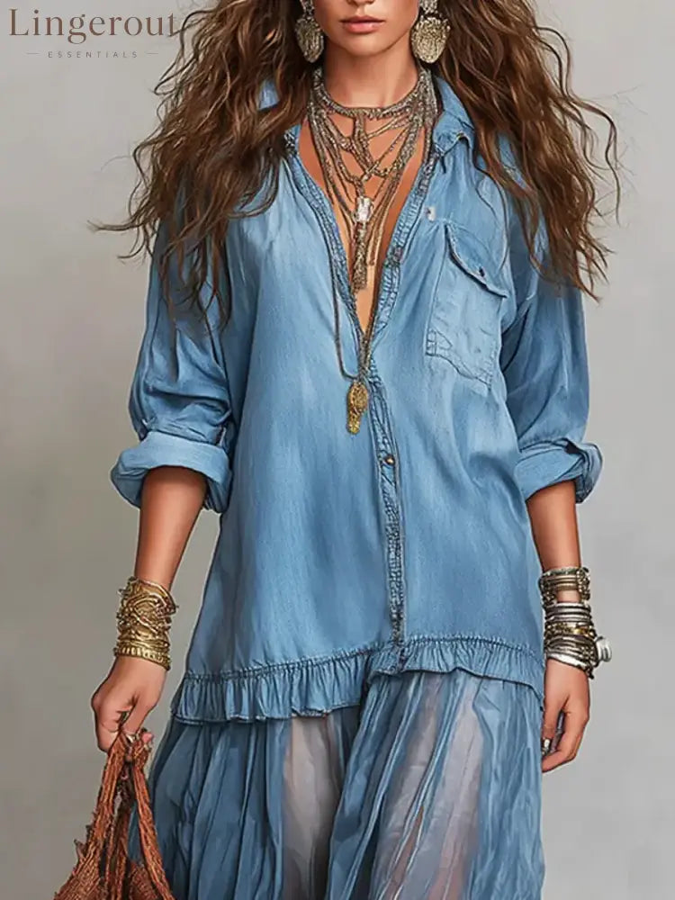 Women’s Retro Lapel Denim Organza Patchwork Art Casual Maxi Dress