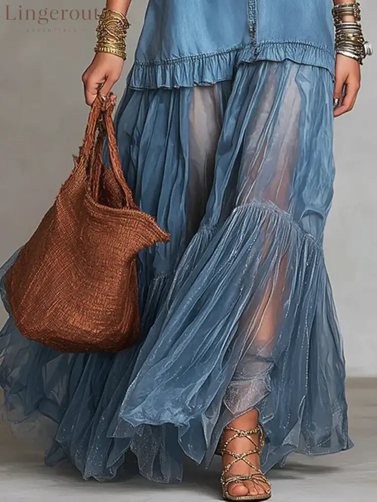 Women’s Retro Lapel Denim Organza Patchwork Art Casual Maxi Dress
