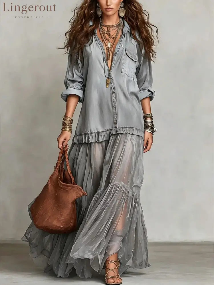 Women’s Retro Lapel Denim Organza Patchwork Art Casual Maxi Dress - Silver / S