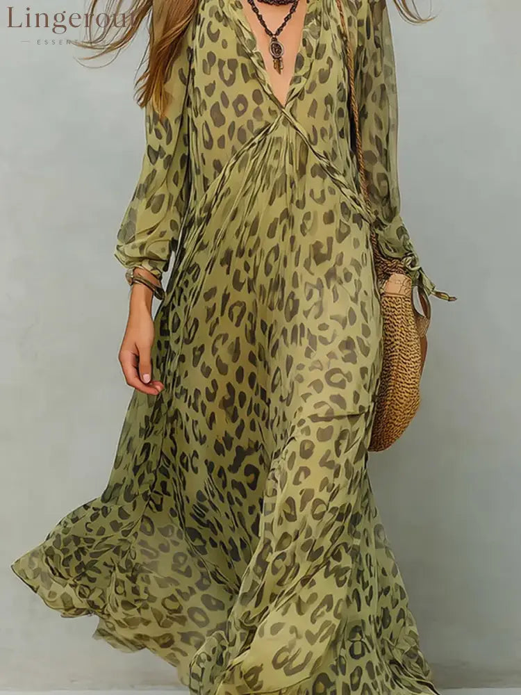 Women’s Retro Leopard Pattern Art Print Casual Stylish Maxi Dress