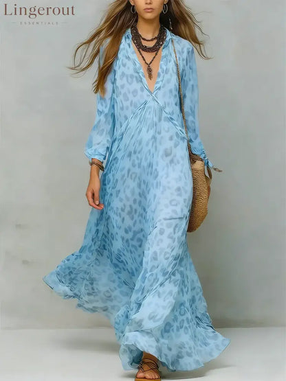 Women’s Retro Leopard Pattern Art Print Casual Stylish Maxi Dress - Blue / S