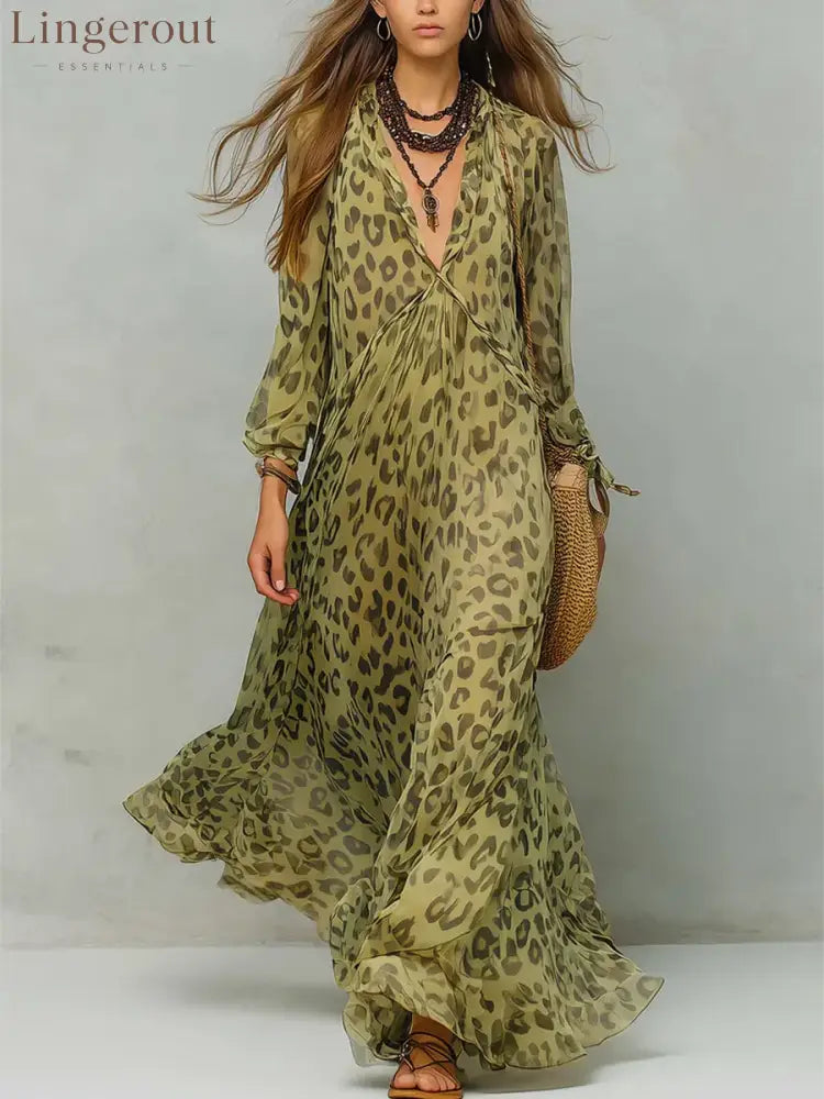 Women’s Retro Leopard Pattern Art Print Casual Stylish Maxi Dress - Green / S
