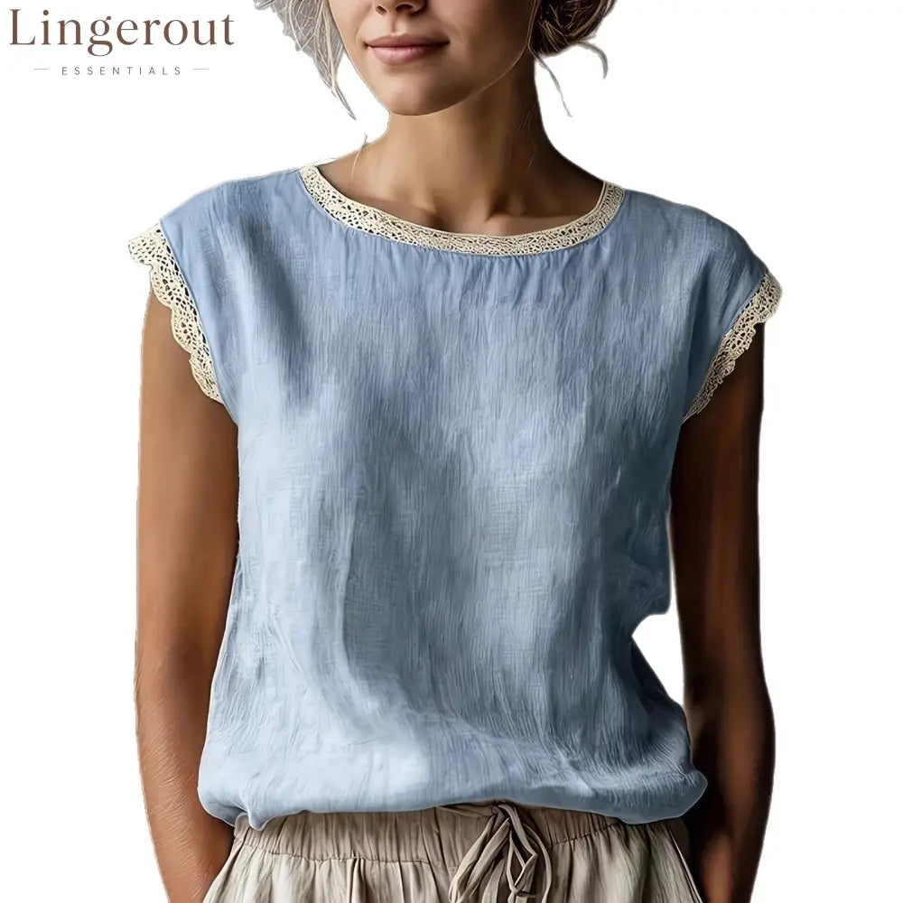 Women’S Retro Loose Solid Color Round Neck Lace Splicing Sleeveless Linen Shirt
