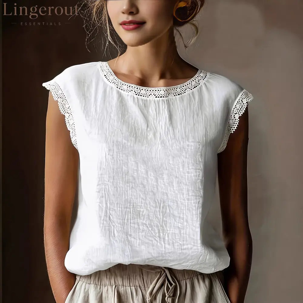 Women’S Retro Loose Solid Color Round Neck Lace Splicing Sleeveless Linen Shirt