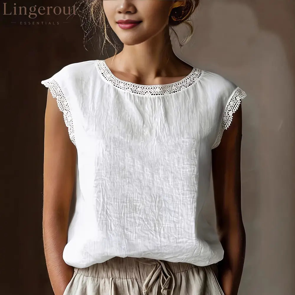 Women’S Retro Loose Solid Color Round Neck Lace Splicing Sleeveless Linen Shirt - White / S