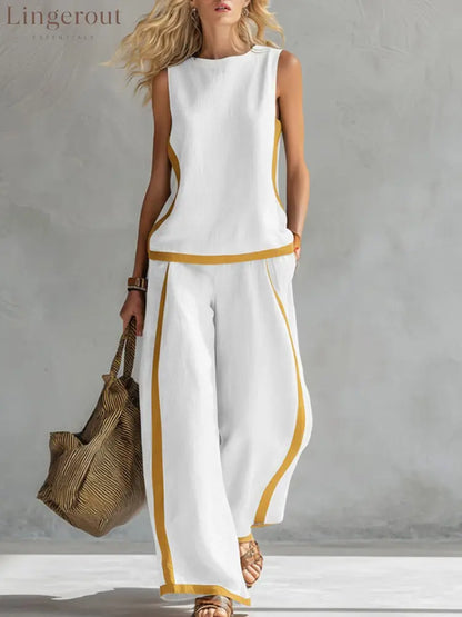 Women’s Round Neck Sleeveless Casual Loose Top And High-waisted Loose Wide-leg Pants Cotton And Linen Set. - White / S