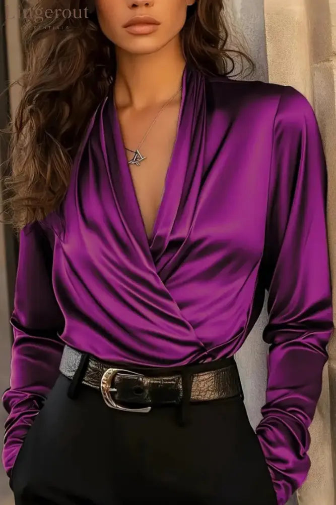 Women’s Satin Draped V Neck Wrap Long Sleeve Blouse - Purple / S