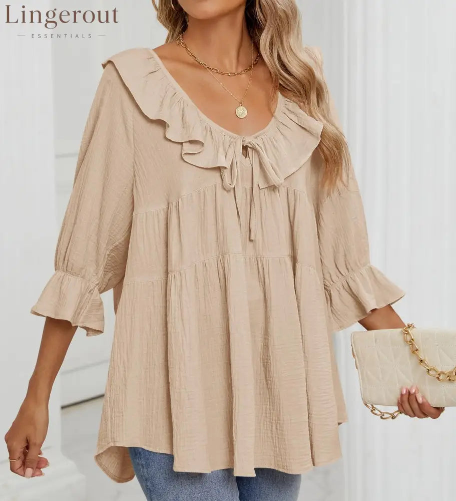 Women’s Scoop Neck 3/4 Length Sleeve Tie Front Ruffle Tiered Tunic Shirts