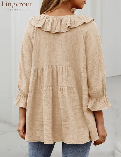 Women’s Scoop Neck 3/4 Length Sleeve Tie Front Ruffle Tiered Tunic Shirts