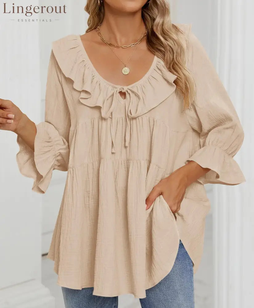 Women’s Scoop Neck 3/4 Length Sleeve Tie Front Ruffle Tiered Tunic Shirts