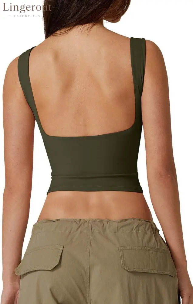 Women’s Sexy Open Back Sleeveless Crop Tank High Neck Slim Fit Cropped Tee Shirt Y2k Tops - Medium / Army Green