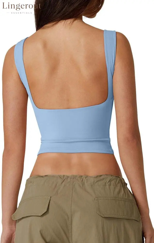 Women’s Sexy Open Back Sleeveless Crop Tank High Neck Slim Fit Cropped Tee Shirt Y2k Tops - Medium / Light Blue