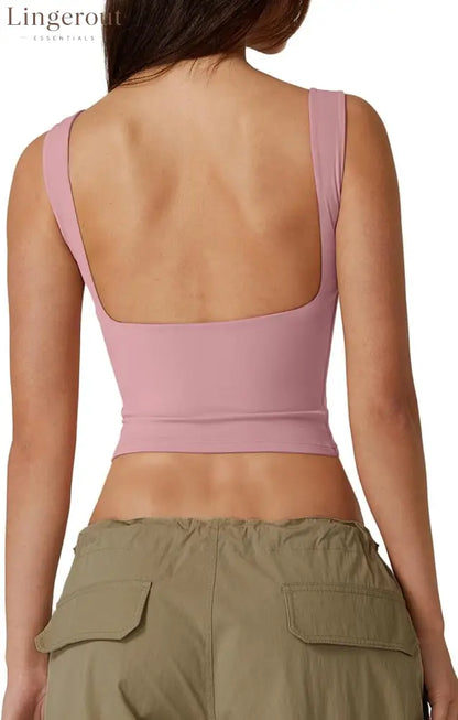 Women’s Sexy Open Back Sleeveless Crop Tank High Neck Slim Fit Cropped Tee Shirt Y2k Tops - Medium / Peach Skin
