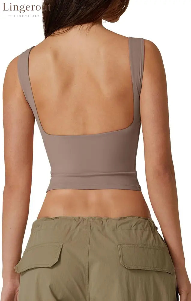 Women’s Sexy Open Back Sleeveless Crop Tank High Neck Slim Fit Cropped Tee Shirt Y2k Tops - Medium / Rose Taupe