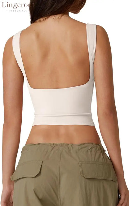Women’s Sexy Open Back Sleeveless Crop Tank High Neck Slim Fit Cropped Tee Shirt Y2k Tops - X-Large / Beige
