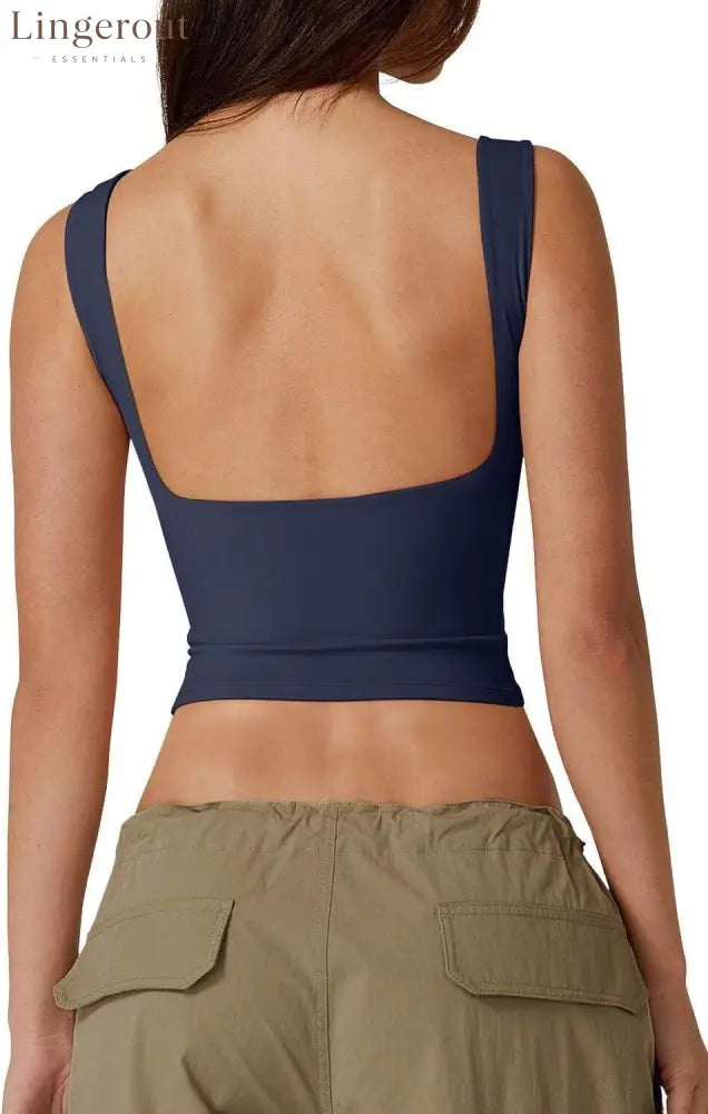 Women’s Sexy Open Back Sleeveless Crop Tank High Neck Slim Fit Cropped Tee Shirt Y2k Tops - X-Large / Dark Blue