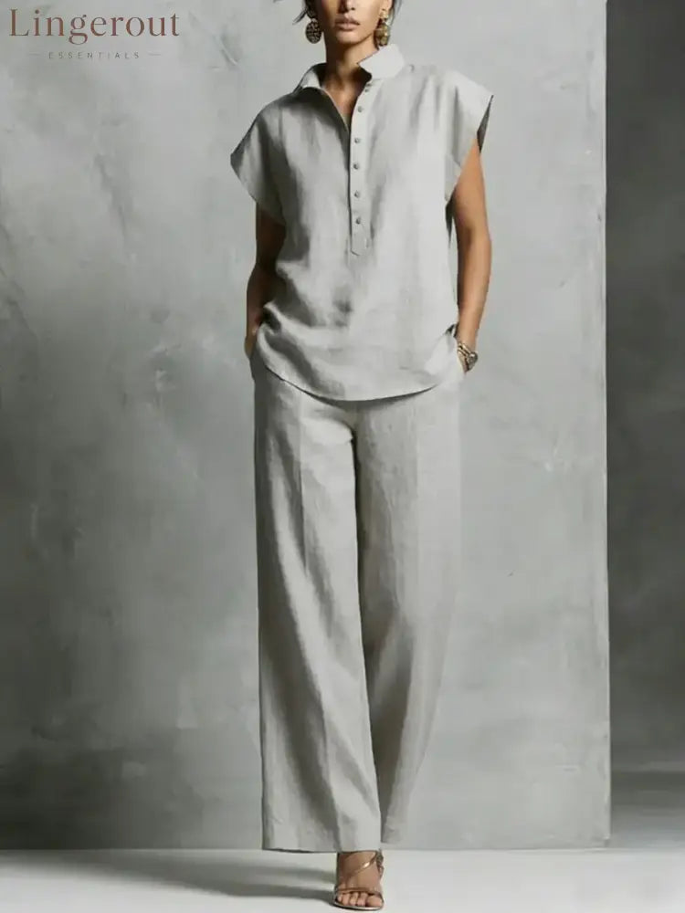 Women’s Simple And Comfortable Cotton-linen Set - Grey / S