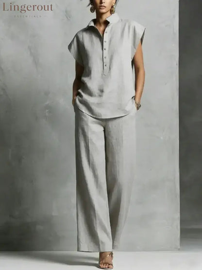 Women’s Simple And Comfortable Cotton-linen Set - Grey / S