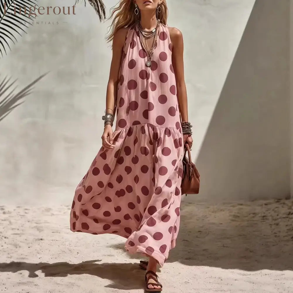 Women’s Sleeveless Casual Dress - Striped Polka Dot Print - Pink / S