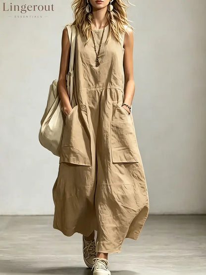 Women’s Sleeveless Round Neck Wide-leg Jumpsuit - Khaki / S
