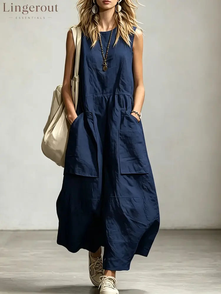 Women’s Sleeveless Round Neck Wide-leg Jumpsuit - NavyBlue / S