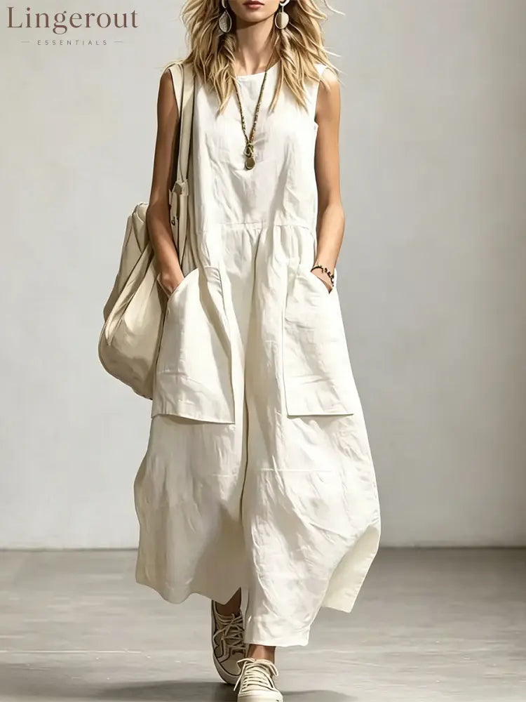 Women’s Sleeveless Round Neck Wide-leg Jumpsuit - White / S