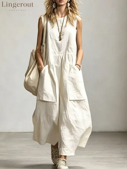 Women’s Sleeveless Round Neck Wide-leg Jumpsuit - White / S