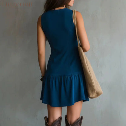 Women’s Sleeveless U-neck Button Embellishments Dress