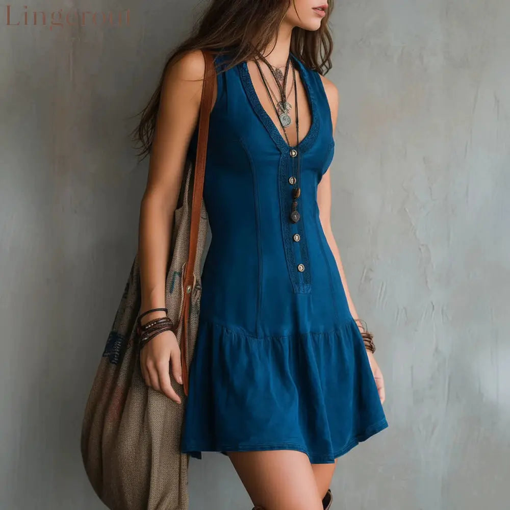 Women’s Sleeveless U-neck Button Embellishments Dress