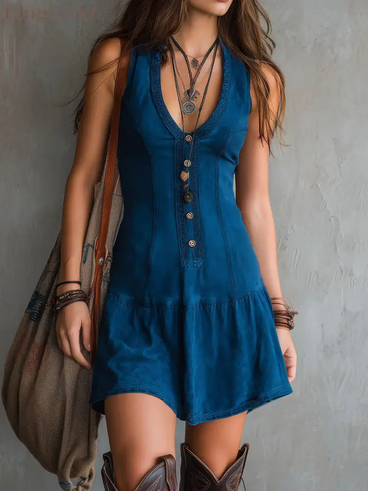Women’s Sleeveless U-neck Button Embellishments Dress - Blue / S