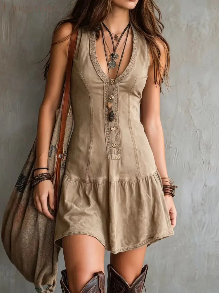 Women’s Sleeveless U-neck Button Embellishments Dress - Khaki / S
