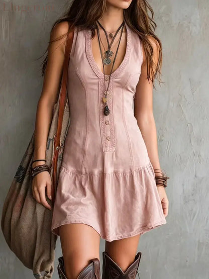 Women’s Sleeveless U-neck Button Embellishments Dress - Pink / S