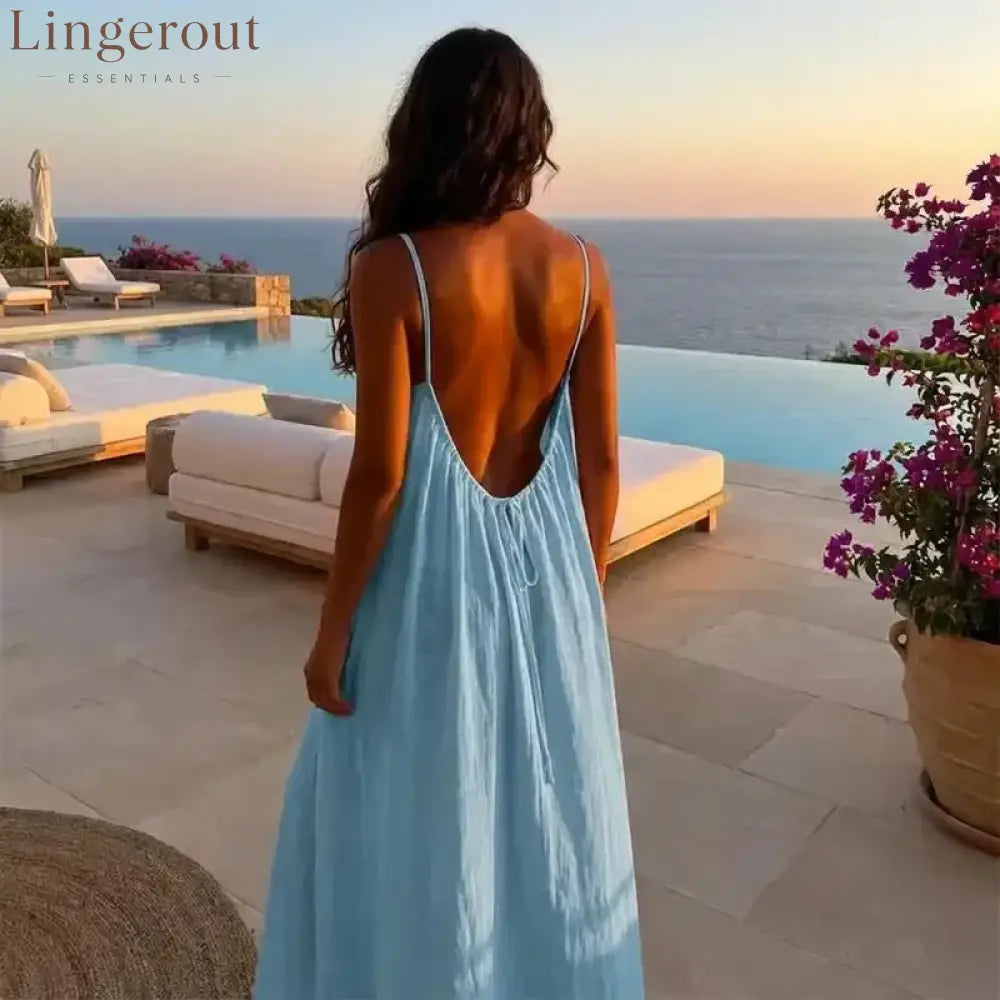 Women’s Solid Color Backless Cami Dress - Blue / S (100 – 125 lbs)