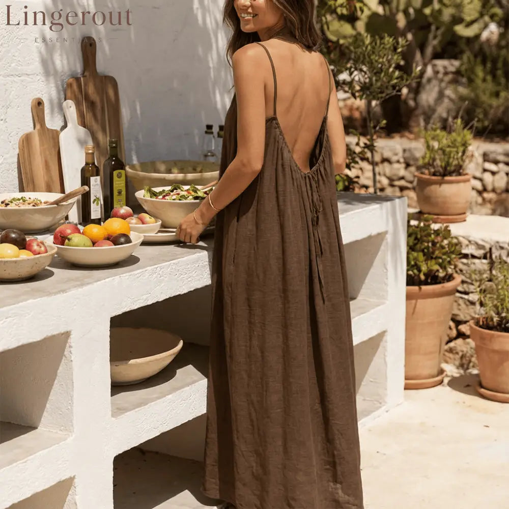 Women’s Solid Color Backless Cami Dress - Brown / S (100 – 125 lbs)
