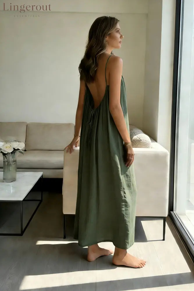 Women’s Solid Color Backless Cami Dress - Dark Green / S (100 – 125 lbs)