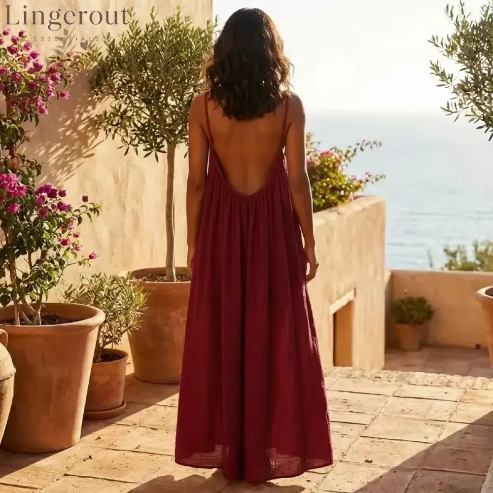 Women’s Solid Color Backless Cami Dress - Red / S (100 – 125 lbs)