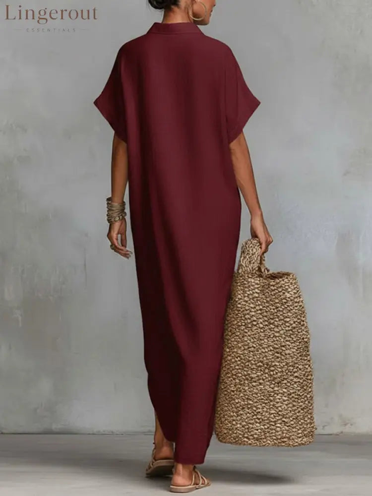 Women’s Solid Color Collared Short-sleeved Casual Loose Linen Dress