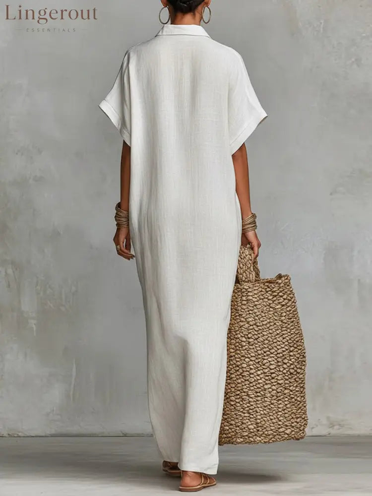 Women’s Solid Color Collared Short-sleeved Casual Loose Linen Dress