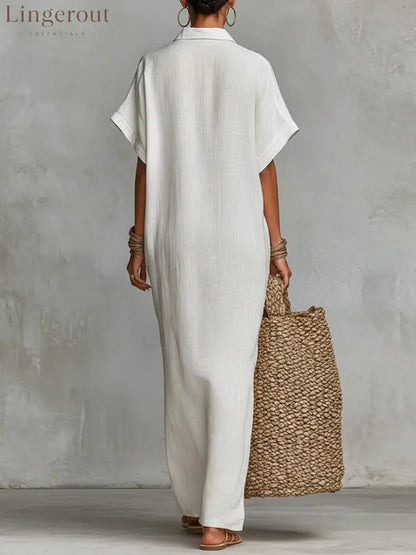 Women’s Solid Color Collared Short-sleeved Casual Loose Linen Dress