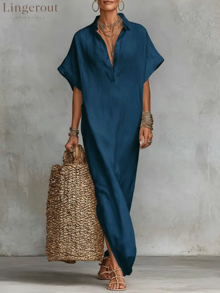 Women’s Solid Color Collared Short-sleeved Casual Loose Linen Dress - Navy Blue / S