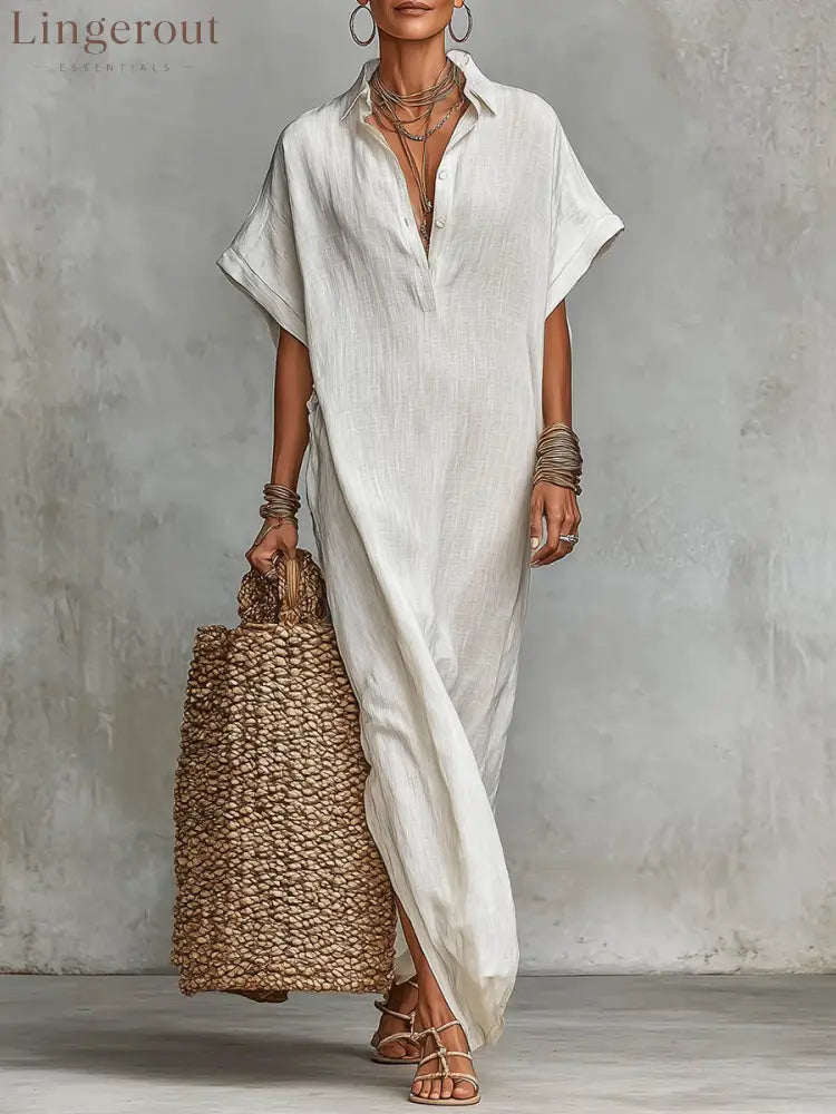 Women’s Solid Color Collared Short-sleeved Casual Loose Linen Dress - White / S
