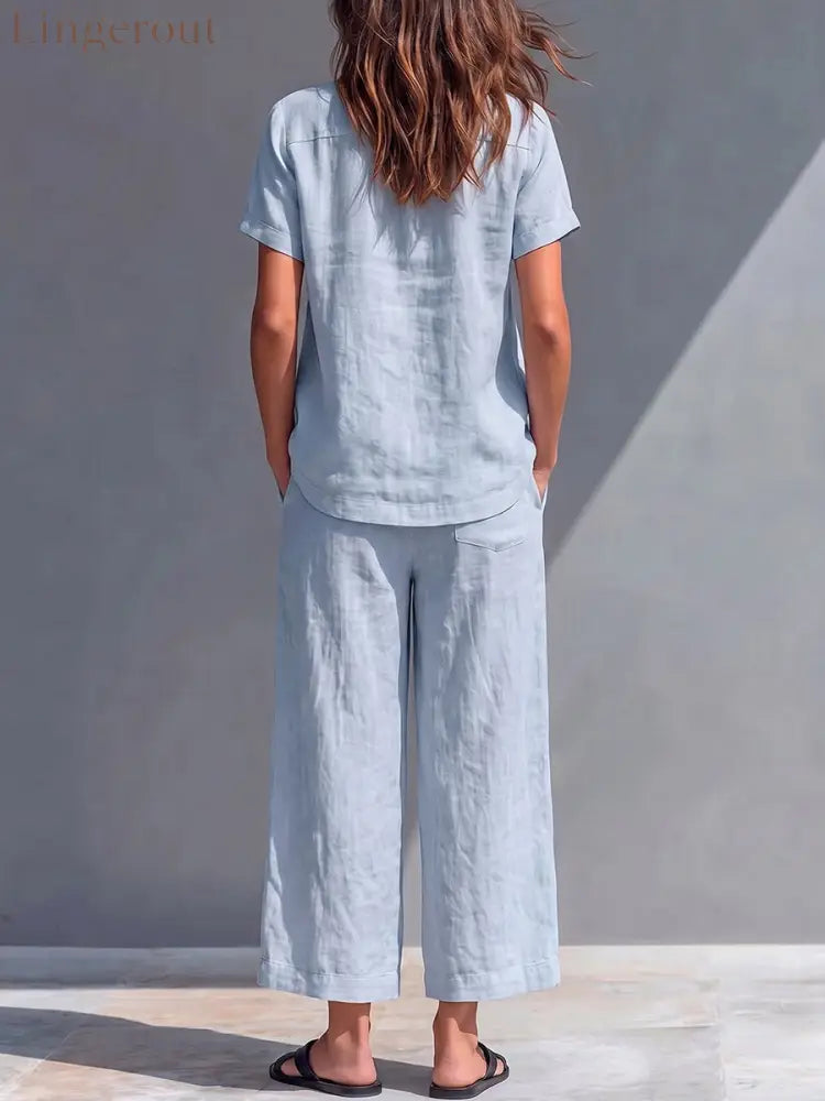 Women’s Solid-color Cotton-linen Set: Loose-fit Short-sleeve Crew-neck Top & High-waisted Wide-leg Pants