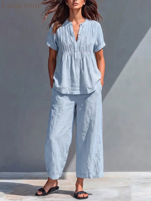 Women’s Solid-color Cotton-linen Set: Loose-fit Short-sleeve Crew-neck Top & High-waisted Wide-leg Pants - Blue / S