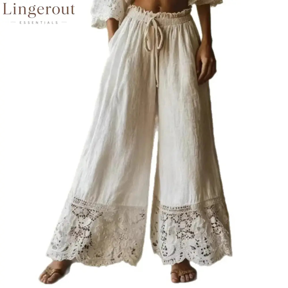 Women’s Solid Color High-waisted Drawstring Wide-leg Pants With Cotton And Linen Lace Trim